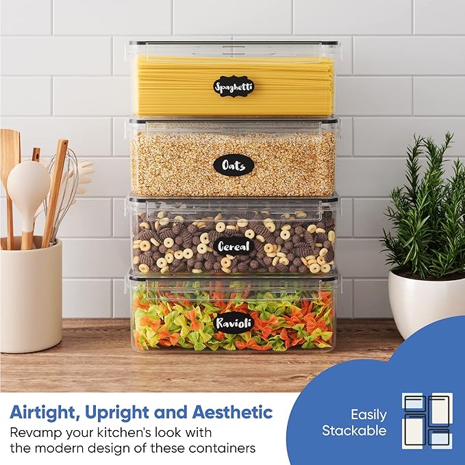 Chef's Path Airtight Food Storage Containers with Lids (Set of 4/3.6 Liters Each), Plastic Spaghetti Container for Pasta & Dry Food Storage, BPA Free Pantry Organizer Set with Kitchen Accessories