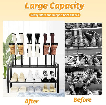 Freestanding Shoe Racks - 3 Tier Metal Boot Rack with 12 Long Posts Holds 6 Pairs Tall Boots, Shoe Storage Organizer for Entryway Closet Bedroom Hallway Indoor Outdoor