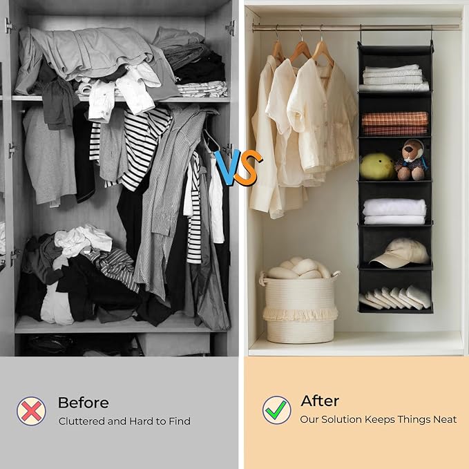 MAX Houser 6 Tier Shelf Hanging Closet Organizer, Closet Hanging Shelf with 2 Sturdy Hooks for Storage, Foldable (Black)
