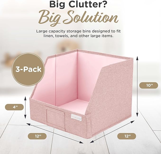 VIVIDECOR Open Front Trapezoid Closet Bins 12x12x10 – Easy Access Shelf Organizer for Clothes, Sweaters, Nursery Storage – Pink, 3 Pack