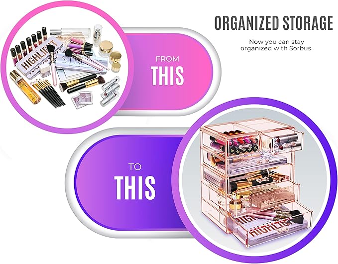 Sorbus Acrylic Makeup Organizer Set, 6-Drawer Vanity & Countertop Cosmetic Storage with Small & Wide Drawers, Pink Makeup Storage for Brushes, Lipsticks, Jewelry – Holiday Gift for Women & Teens