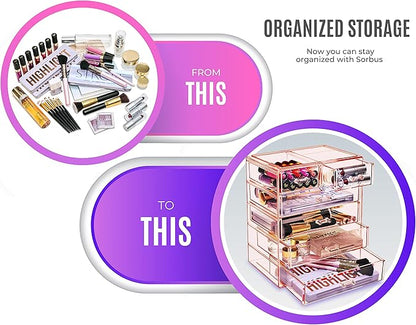 Sorbus Acrylic Makeup Organizer Set, 6-Drawer Vanity & Countertop Cosmetic Storage with Small & Wide Drawers, Pink Makeup Storage for Brushes, Lipsticks, Jewelry – Holiday Gift for Women & Teens