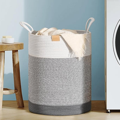 Nunsino Laundry Hamper 62L,Large Laundry Basket for Clothes,Decorative Storage Basket for Blankets,Cotton Rope Woven basket for bedroom,Grey White