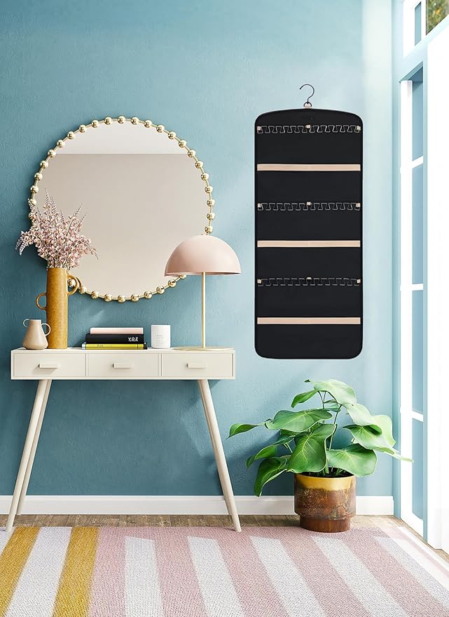 Hanging Jewelry Organizer Doubled-sided with Pockets & Hooks for Rings, Earrings, Necklaces, Hair Accessories Storage Roll, Closet Earring Holder Organizer for Wall, Door, Travel, 1 PCS, Black