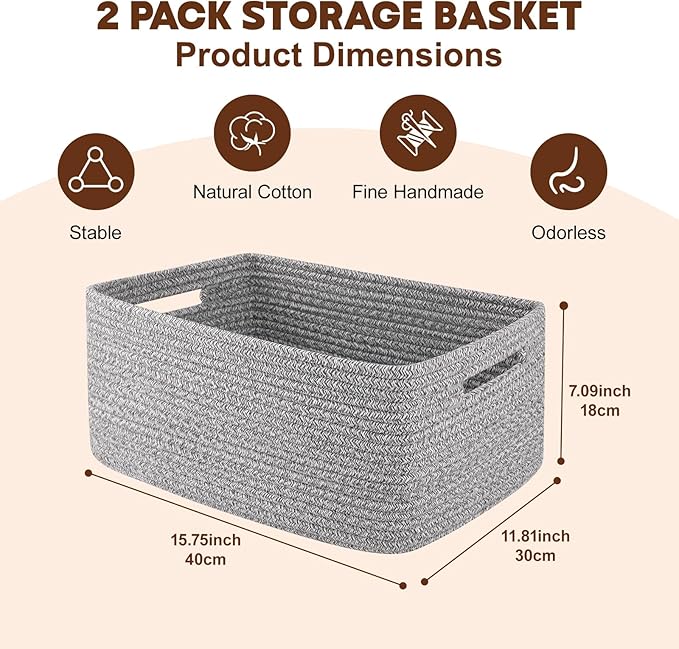 OIAHOMY Storage Basket for Shelves, Closet Cube Storage Bins Baskets for Clothes Blanket Towels, Baby Nursery, Toy Baskets Box, Woven Rope Basket, 15.75 * 11.81 * 7.09 IN, 2 Packs Grey