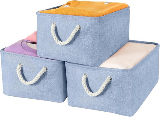 Storage Bins with Sturdy Cotton Handles(3 Pack), Fabric Storage Baskets for Organizing use for Office & Home, Book, Clothes, Toys, Closet Boxes (Medium, Blue, 14.2x10.2x7.1 inches)