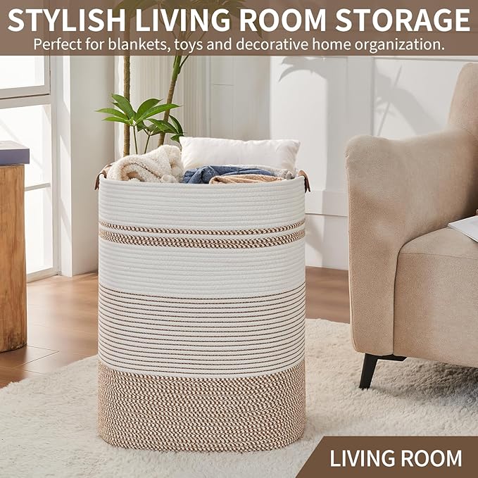 AINUOQI Laundry Basket with Handles - Blanket Basket & Hampers for Bedroom Aesthetic, Laundry Hamper & Blanket Storage for Living Room, Clothes Hamper, Tall, Large 17" x 14" x 22”, Brown & White