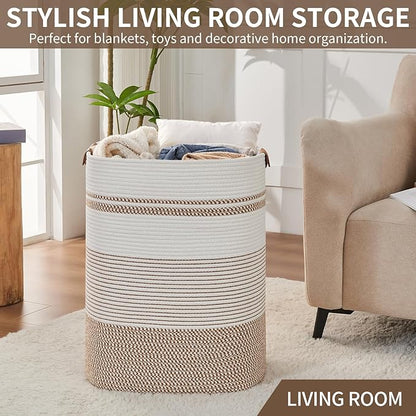 AINUOQI Laundry Basket with Handles - Blanket Basket & Hampers for Bedroom Aesthetic, Laundry Hamper & Blanket Storage for Living Room, Clothes Hamper, Tall, Large 17" x 14" x 22”, Brown & White
