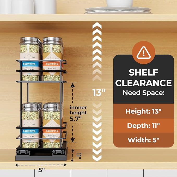 Mystozer Pull Out Spice Rack Organizer for Cabinet, Slide Out Spice Racks, Easy to Install, 4.33" Wx10.43 Dx8.66 H, 1 Drawer 2 Tiers(Black)