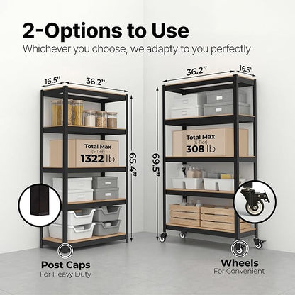 HOMEDANT House 36.2" W 5 Tier Heavy Duty Garage Shelving Adjustable Metal Rack Storage Shelves Standing Shelf Unit Organizers Pantry Closet Office Black 1Pack