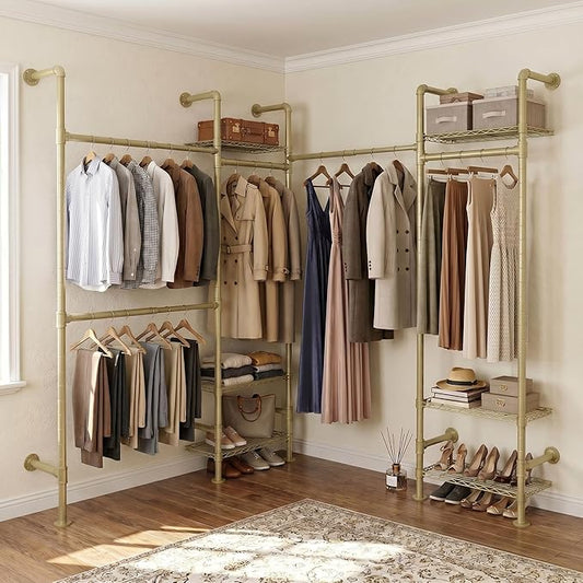 Wall Mounted Closet System – Adjustable Clothing Rack with 6 Hanging Clothes Rods( 4 Expandable Rods) & 6 Shelves, Heavy Duty Industrial Pipe Clothes Rack for Closet Organizer and Storage, Gold