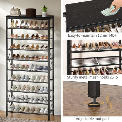 10-Tier Shoe Rack Organizer, Large Shoe Shelf with Metal Shelves, X Frames, Adjustable Shelves, Holds 40 Pairs, Black