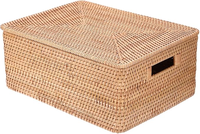 Hipiwe Handwoven Rattan Basket with Lid Decorative Shelf Basket Bin with Handle Rectangular Wicker Storage Box for Home Organizing, 17" x 13" x 6.7"