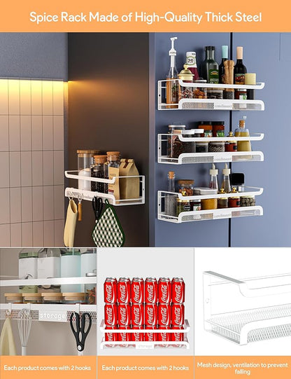 Spice Rack Wall Mount with Hooks - Spice Racks Organizer for Cabinet Storage, Wall Mounted Hanging Shelf Seasoning Organizer, for Kitchen, Pantry Door, Bathroom (White, 2 Pack)