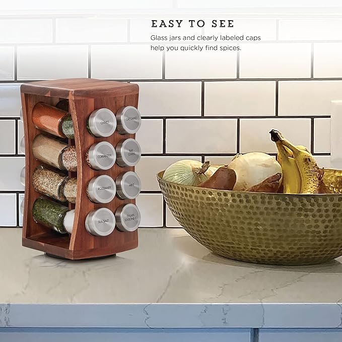 Kamenstein 16 Jar Hourglass Revolving Countertop Spice Rack with Spices Included, FREE Spice Refills for 5 years, Acacia with Stainless Steel Caps