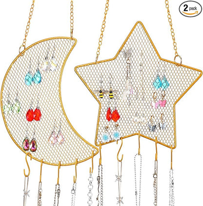 Jetec 2 Pcs Earring Wall Holder Wall Mounted Organizer Hanging Stand Decorative Diamond Grid Shape Jewelry Display Rack with Hanging Hooks for Earrings Necklace Bracelet(Gold)