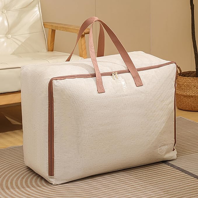 50L Storage Bag for Clothes, Comforters, Blankets, Bedding, Pillows, Stuffed Toys, Jackets with Sturdy Handles, Clear Label Tag, Zippered, for use at Home, Travel or Move, 20x15x10 (Beige, Medium)