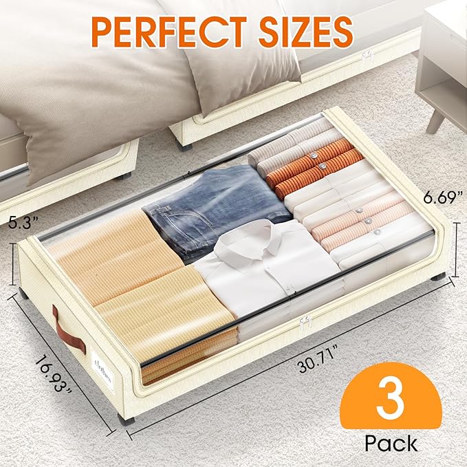 SpaceHacks Under Bed Storage with Wheels 3Pack Underbed Storage with Clear Window&Label Under Bed Drawers Large Capacity Rolling Under Bed Storage for Clothes,Shoes, Blankets (Beige)