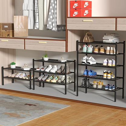 ROMGUAR CRAFT 5 Tier Bamboo Shoe Rack for Closet Free Standing Wood Shoe Shelf for Entryway Small Space Stackable 27"x11"x33" (Black)