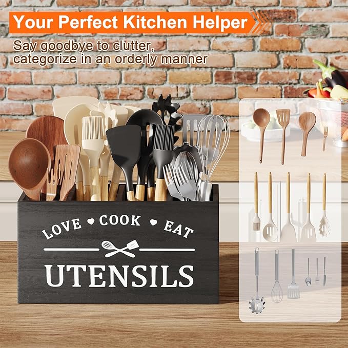 Extra Large Utensil Holder for Kitchen Counter with 4 Compartments, Kitchen Cooking Utensils Holder for Countertop,Black Wooden Utensil Caddy for Farmhouse Spatula,Cutlery,Wood Wall Mounted Organizer