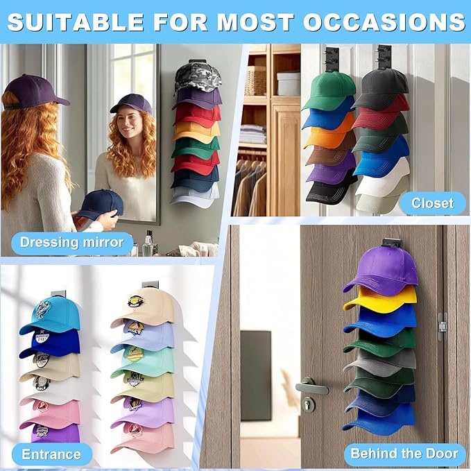 Eiito Hat Organizer for Baseball Caps, 4 Pack Strong Adhesive Hat Rack for Wall, Multilayer Hat Storage Display Holder, Wall Mounted Hat Hooks Hold up to 16 Hats for Closet (Black 4PCS)