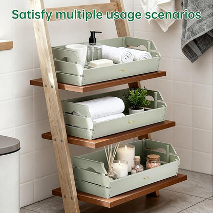 HABAU Potato Onion Storage Bin - Wood Stackable Produce Basket with Handles - Fruit and Vegetable Storage for Kitchen and Pantry Counter Organization - 3 Pack