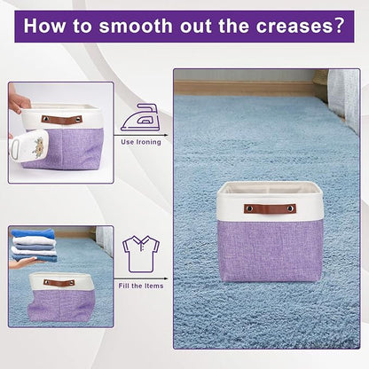 Bagnizer Storage Bins Large Fabric Storage Baskets for Shelves 3 Pack, Decorative Linen Closet Baskets with Handles for Organizing, Shelf, Clothes, Home, Office, 15x11x9.5Inches (Purple&White)