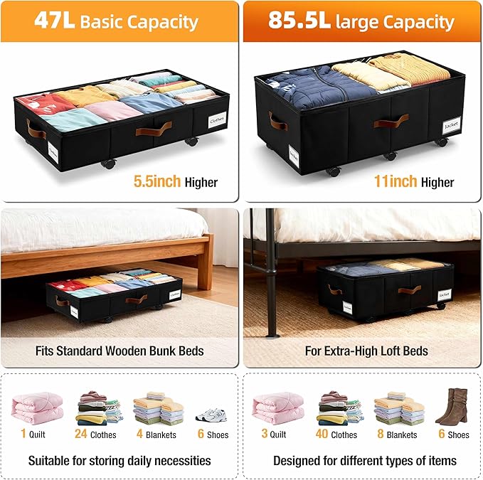 Under Bed Storage with Wheels,Underbed Storage with Sturdy Sidewalls/Bottom, Clear Cover, Label and PU Handle, Rolling Under Bed Drawers for Clothes, Shoes, 11 Inch Height,Black, 2 Pack