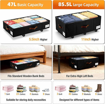 Under Bed Storage with Wheels,Underbed Storage with Sturdy Sidewalls/Bottom, Clear Cover, Label and PU Handle, Rolling Under Bed Drawers for Clothes, Shoes, 11 Inch Height,Black, 2 Pack
