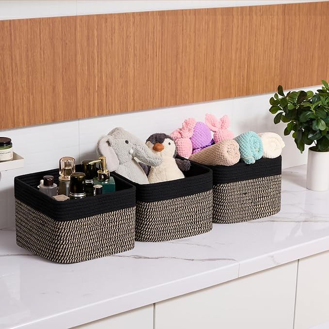 MiniArk Small Organizing Baskets for Cubes Shelf, 9.7x9.7x7.1 Inch Rope Woven Storage Bins for Nursery Shelves Storage, Cute Toy Basket, Square 3 Packs Black Brown