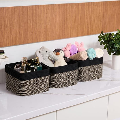 MiniArk Small Organizing Baskets for Cubes Shelf, 9.7x9.7x7.1 Inch Rope Woven Storage Bins for Nursery Shelves Storage, Cute Toy Basket, Square 3 Packs Black Brown