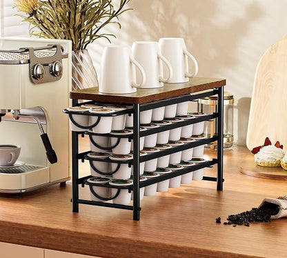 HFHOME Coffee Pod Holder with Wooden Top, Compatible with K-Cups, 4-Tier Coffee Capsule Storage Drawer, 56 Capacity Pods Organizer for Kitchen Counter, Home, Office, Black