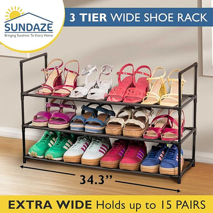 Sundaze Shoe Rack - 3 Tier Shoe Rack for Front Door Entrance, Sturdy Long Shoe Organizer for Closet, Bedroom, Entryway, Garage, Non Woven Fabric Shelf, Black, Holds Up to 15 Pairs