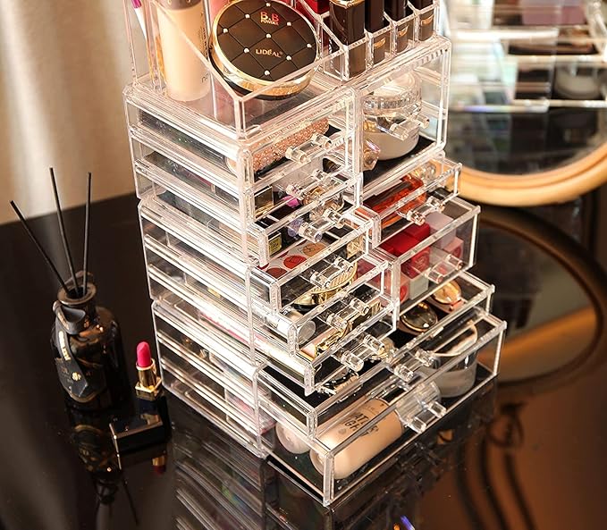 Cq acrylic Makeup Organizer Skin Care Large Clear Cosmetic Display Cases Stackable Storage Box With 11 Drawers For Vanity,Set of 4