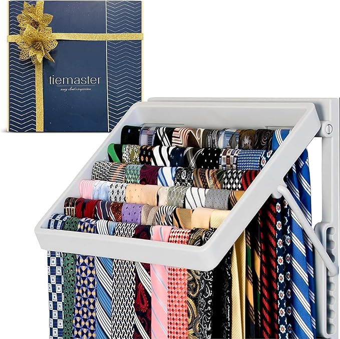 TieMaster Tie Rack and Scarf Organizer, Battery-Free Design, Holds 60 Ties and Scarves with 5 Belt Hooks, Easy Installation, Wall Mounted Tie Organizer, for Men & Women