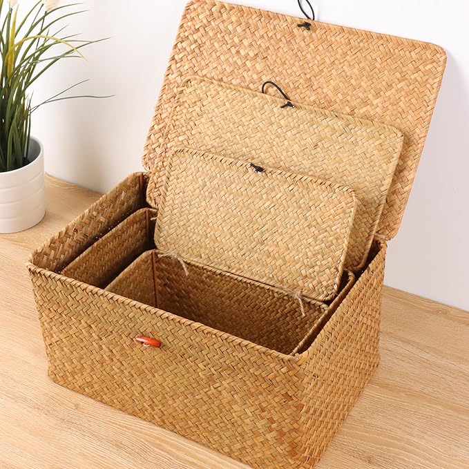 Moosky Wicker Shelf Baskets with Lid,Natural Seagrass Storage Basket Boxes Handwoven Rectangular Baskets Bins Multipurpose Home Organizer Decor (Medium)