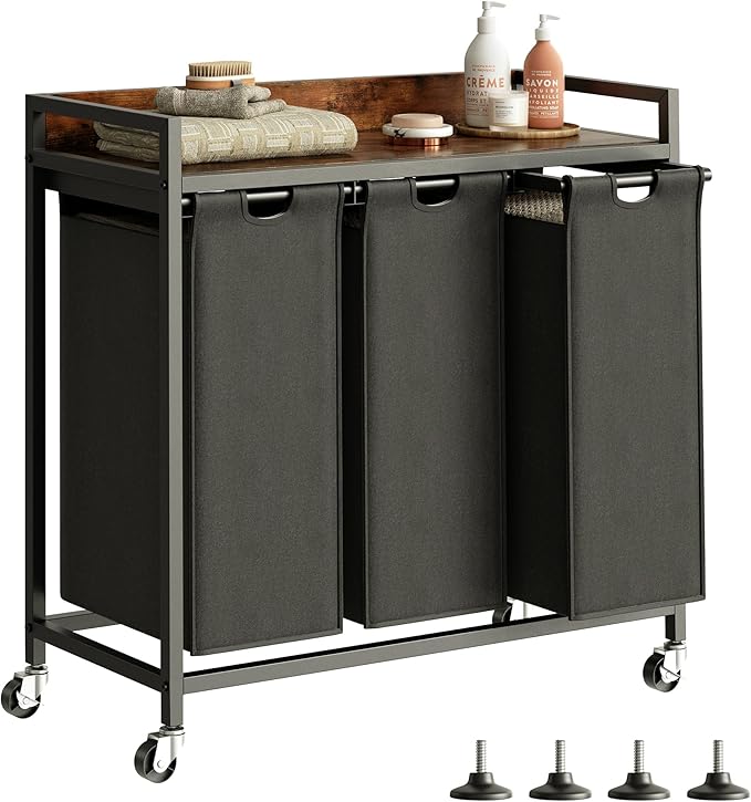 Herture Laundry Hamper with Shelf, Laundry Basket 3 Section, Laundry Sorter with Pull-Out Removable Large Bags and Movable Wheels, Metal Frame, 3 x 15.87 Gallons (60L), Rustic Brown + Black PF04XLY
