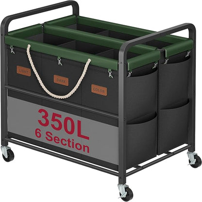Tajsoon 350L Extra Large Laundry Sorter 6 Section, Heavy Duty Laundry Basket with Lockable Wheels, Laundry Cart with Sturdy Metal Frame, Leather Patchwork Laundry Separated with Removable Bags, Black