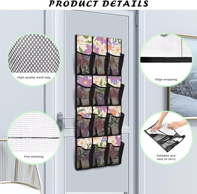 12 Large Mesh Pockets Floral Over the Door Shoe Organizer Sturdy Oxford Fabric Hanging Shoe Rack for Closet Organizers and Storage