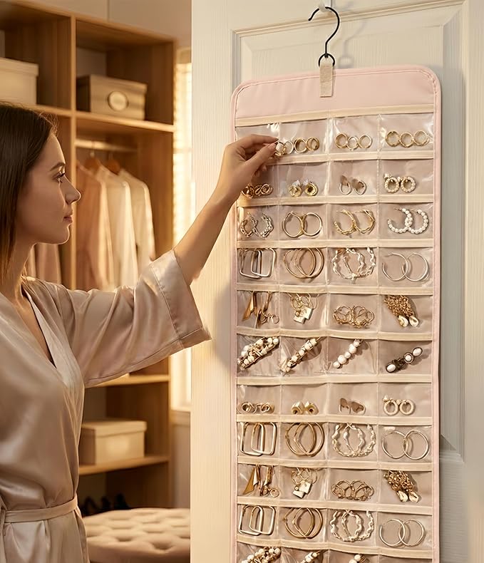 Hanging Jewelry Organizer, Dual-Sided Necklace Holder with Multiple Clear Pockets - Wall Mount & Over The Door Closet Storage for Earrings, Rings, Bracelets - 360° Rotating Hanger (1, pink, XL)