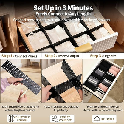 Drawer Divider Adjustable Diy Storage Organizer Separator for Tidying Clutter Cutlery Makeup Clothes of Dresses, Desk & Box in Kitchen Bathroom Bedroom Office (Cut at Will) (Black 32pcs)