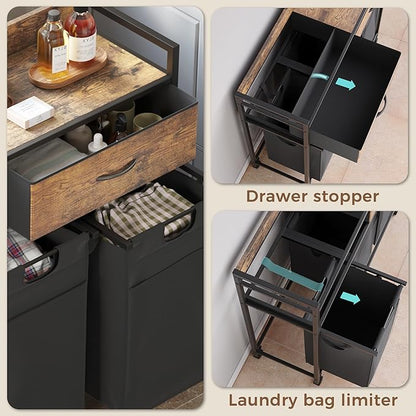 Mondeer Laundry Sorter with 2 Drawers, 150L with Pull-Out Removable Laundry Bags, Laundry Hamper Baskets with 3 Section and Wheels, Rustic Brown and Black