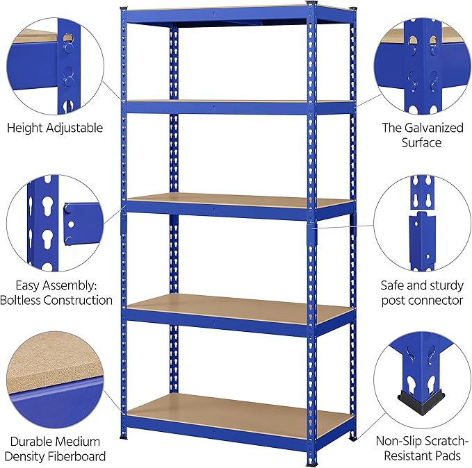 Topeakmart 2PCS 5-Tier Utility Shelves, Metal Storage Shelves Garage Shelving Unit Adjustable Garage Storage Shelves Storage Racks Heavy Duty Shed Shelving- Blue, 35.5 x 17.5 x 72 Inch