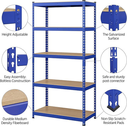 Topeakmart 2PCS 5-Tier Utility Shelves, Metal Storage Shelves Garage Shelving Unit Adjustable Garage Storage Shelves Storage Racks Heavy Duty Shed Shelving- Blue, 35.5 x 17.5 x 72 Inch