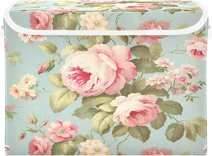 senya Flower Baskets Collapsible Storage Bins with Lids, Vintage Pink Rose Flower Storage Boxes Clothes Baskets for Organizing, B06D22020