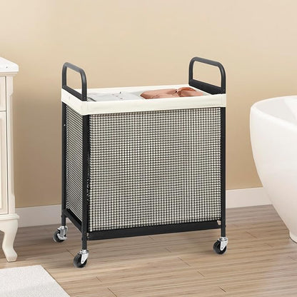 STORAGE MANIAC Rolling Laundry Hamper with Wheels 2-Section Laundry Sorter Rolling Laundrys Basket on Wheels with Removable Bag Clothes Hamper Laundrys Organizer Cart Bathroom Bedroom 100L Beige