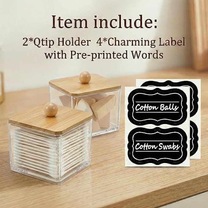 SheeChung Qtip Holder for Bathroom - Bamboo Lid Acrylic Cotton Swab Dispenser, Clear Apothecary Jar for Cotton Balls, Beauty Pads, Hair Ties, Boho Vanity Decor & Organizer (2pack)