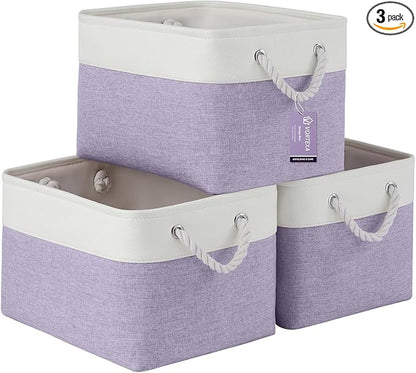 Large Storage Baskets- 15x11x10 inch Storage Bins for Shelves and Closet Organizing, Foldable Fabric Bin for Home Organization Clothes and Laundry (3-Pack, White&Purple)