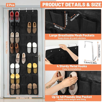 2 Pack Over The Door Shoe Organizer, Hanging Shoe Rack with 40 Large Mesh Pockets for Closet, Behind Door Storage Holder for Entryway, Bedroom, Dorm - Black