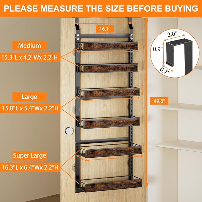 6 Tier Over The Door Pantry Orangizer 2 IN 1 Wall Mounted or Hanging Spice Rack with Adjustable Wood Basket,Heavy Duty Seasoning Storage Shelf for Kitchen Pantry and Bathroom